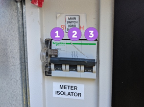 Meter isolator on a three-phase switchboard